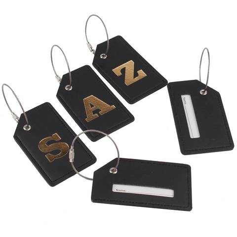 Luggage Tag PU Leather Gold Foil Initial Letter Address ID Label Travel Accessory With Metal Wire Ring