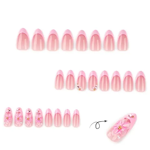 Press On Nails Pink French Tip 3D Flower Almond Shape Fake Nails With Artificial Pearl Rhinestone Gradient Elegant For Women