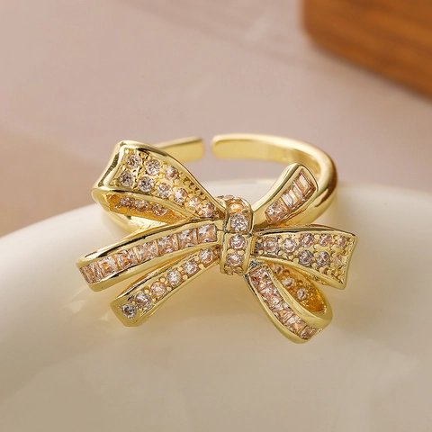 Bowknot Zirkoon Ingelegde Koperen Ring Verguld Verstelbaar Open Vinger Sieraden Voor Vrouwen Elegante Mode Accessoires