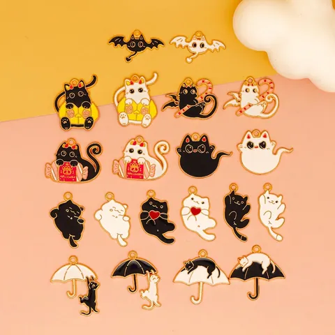Cartoon Cat Enamel Alloy Charms For DIY Jewelry Making Halloween Theme Pendants Craft Supplies