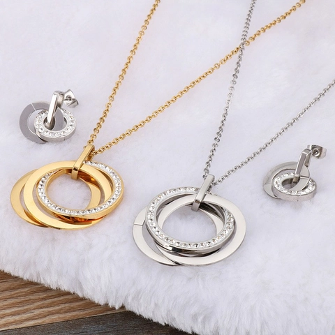 Interlocking Double Rings Necklace And Earrings Stainless Steel Rhinestone Inlay Geometric Elegant Fashionable Women