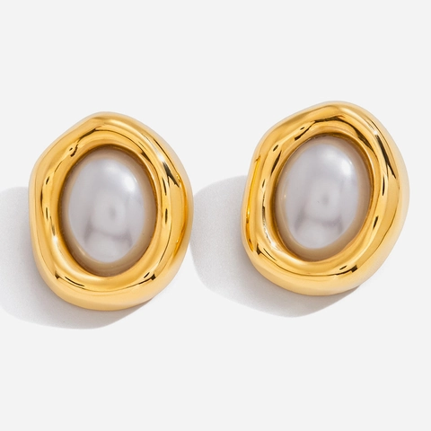 French Retro 18K Gold Plated Stainless Steel Irregular Oval Stud Earrings With Artificial Pearl For Women Fashion Jewelry