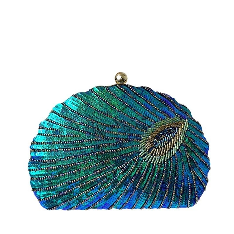 Peacock Feather Sequin Beaded Evening Clutch Bag Handmade Embroidery Vintage Chinese Style Handbag For Women Formal Party
