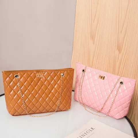 Women Quilted Shoulder Bag PU Leather Rhombus Pattern Gold Chain Strap Turn Lock Large Capacity Tote Handbag