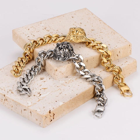 Pulsera De Cadena Cubana Con Cabeza De León Para Hombres Acero Inoxidable 304 Estilo Punk Hip Hop