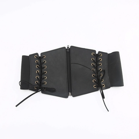 Cintura Corsetto Larga Da Donna Pelle PU Vita Elastica Gotico Stringata Cerniera Anteriore Stile Punk Vintage