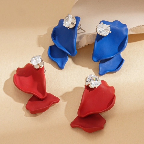 Irregular Petal Stud Earrings With Zircon Inlaid Matte Painted Alloy And 925 Sterling Silver Earring Post For Women