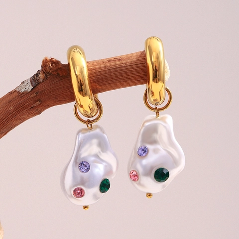 Pendientes De Aro De Estilo Francés Vintage De Acero Inoxidable Chapado En Oro De 18K Circón De Colores Imitación Perla Barroca Artificial Para Mujeres