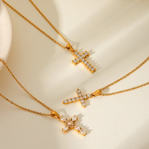 Collana Con Pendente A Croce In Acciaio Inossidabile Zircone Placcato Oro Gioielli Moda Eleganti Da Donna