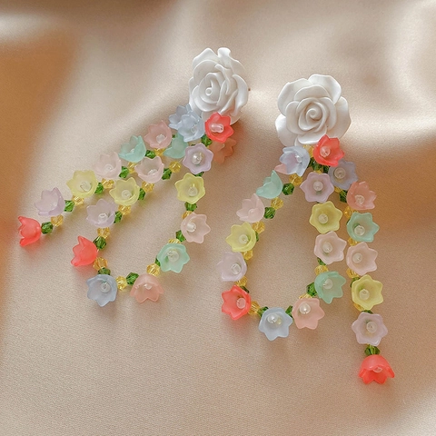 Pendientes De Flores Con Poste De Plata De Ley 925 Acrílico Rosa Colorida Borla Floral Estilo INS