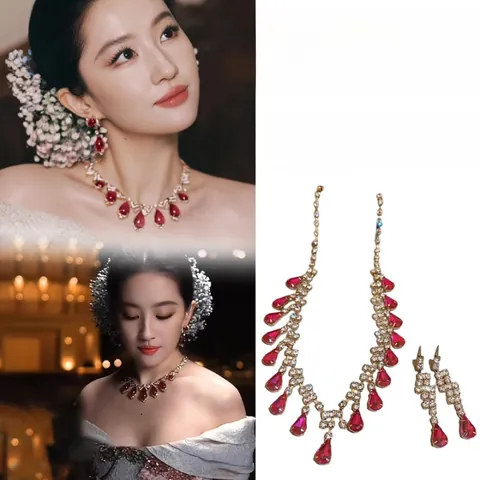 Vintage Court Style Copper Jewelry Necklace And Earrings With Red Rhinestone Waterdrop For Women Elegant Fashion Accessory