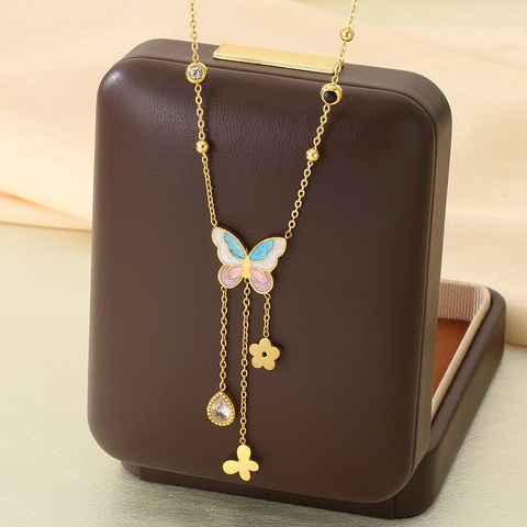 Collar Con Colgante De Mariposa Acero Inoxidable Esmalte Borla Perlas Artificiales Artificiales Charms Moda Cadena Para Mujer