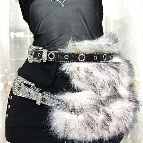 Cintura Punk Y2K Con Strass E Decorazione In Ecopelliccia Glitter Pelle PU Occhielli In Metallo Catena Vita Donna