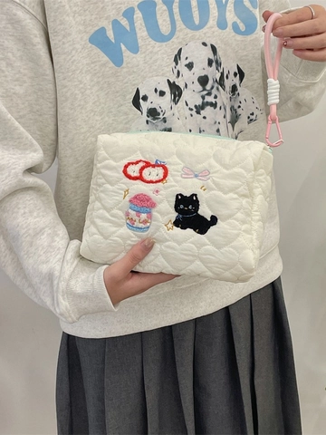 Gewatteerd Katoen Geborduurde Make-up Tas Hartpatroon Toilet Organizer Handtas Reizen Vrouwen Schattige Cartoon Hond Wastas