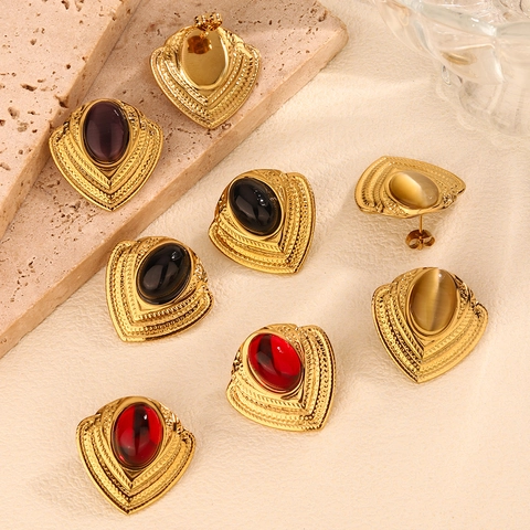 Pendientes de Botón de Corazón Escudo de Acero de Titanio Vintage para Mujer Joyería de Nicho Chapada en Oro con Piedra Artificial