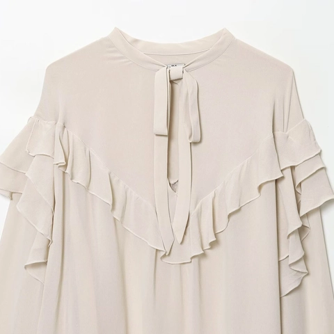 Blusa De Gasa Elegante Para Mujer Manga Larga Color Sólido Con Volantes Y Lazo Moda Vintage Top