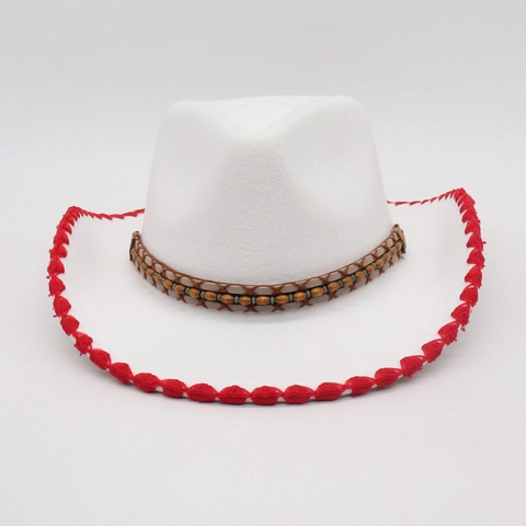 Western Cowboy Hat Wide Brim Cotton Polyester Scalloped Trim Ethnic Beaded Band Vintage Sun Protection Jazz Fedora