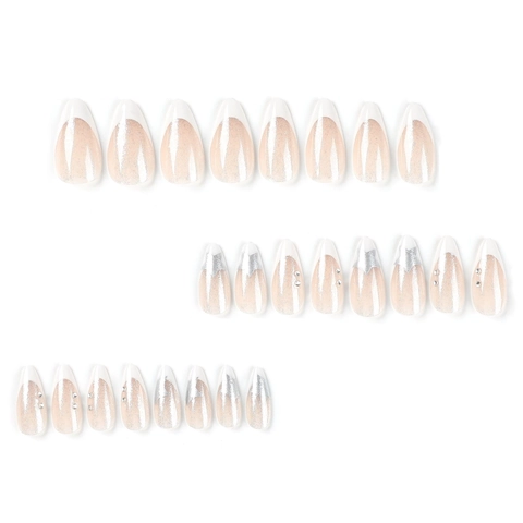 Französische Künstliche Nägel Lang Mandel Weißer Rand Silber Katzenauge Glitzer Stern Strass Falsche Nägel Für Damen
