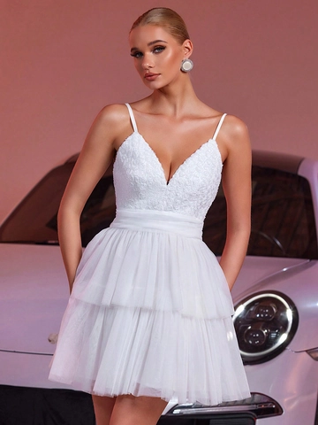 White Spaghetti Strap Mini Dress Rose Lace Embroidery V-Neck Mesh Tiered Cake Skirt Sexy Backless Party Evening Women