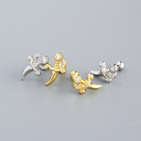 Dagger Stud Earrings 925 Sterling Silver With Zirconia Rhinestone Screw Back Piercing Retro Punk Jewelry For Women Men