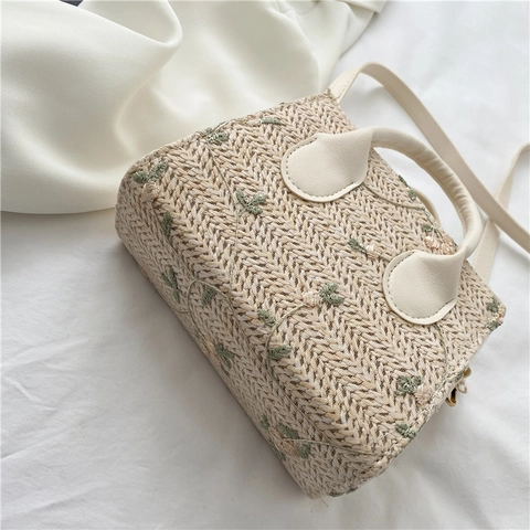 Borsa A Spalla In Paglia Con Ricamo Floreale Pelle PU Portatile E Tracolla Per Vacanze Estive Stile Giapponese