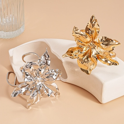 Statement Flower Cuff Bracelet Metal Wrinkled Petal Open Bangle Fashion Jewelry For Women