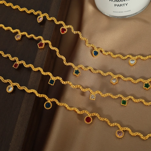 Colorful Zircon Necklace With Heart Square Flower Pendants Copper Stainless Steel Wave Rope Chain French Retro Women