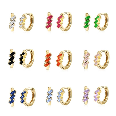 Baguette Cut Colorful Zircon Huggie Earrings Geometric Copper With 925 Sterling Silver Earring Post Hoop For Women