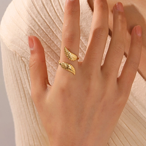 Anillo De Hoja Inspirado En La Naturaleza De Acero Inoxidable Chapado En Oro 18K Abierto Ajustable Joyería Para Mujer