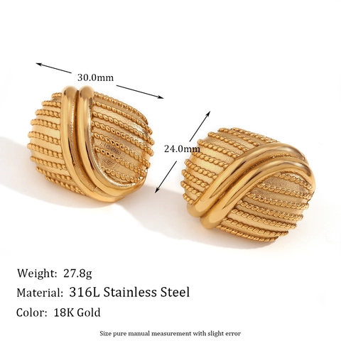 Orecchini A Lobo Ovali Vintage Acciaio Inossidabile Placcato Oro 18K Linee Incrociate Strutturate Per Donna Stile Nicchia