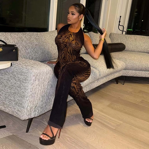 Women Mesh Halter Backless Top And High Waist Wide Leg Pants Sexy See Through Animal Print Clubwear Outfits