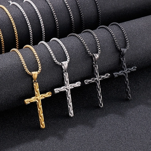 Men Cross Pendant Necklace Stainless Steel 316L Box Chain Brushed Texture Religious Punk Style Jewelry Streetwear Accessory