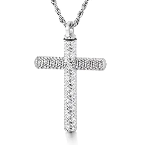 Knurled Stainless Steel Cross Cremation Urn Necklace For Ashes Memorial Pendant Jewelry For Men Religious Gift