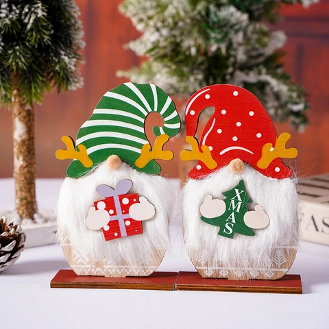 Ornement Table Gnome Noël Bois Et Fausse Fourrure Bois De Cerf Rouge Vert Chapeau Point Rayé Décor