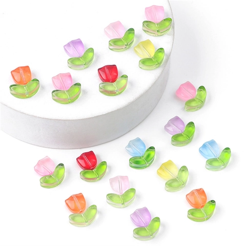 Tulpentulpenblüten Und Blatt Glasperlen Für DIY Schmuckherstellung Gradient Transparent Handgemachte Bastelbedarf