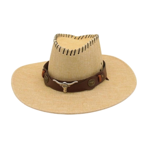 Western Cowboy Hat Retro Wide Brim Polyester Woven With Metal Bull Skull Leather Band Adjustable Wind Rope