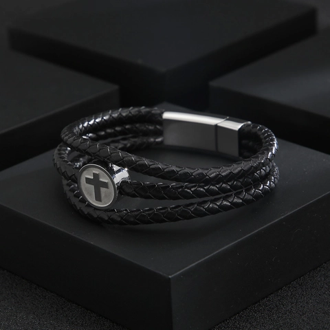 Bracciale In Pelle Intrecciata Da Uomo Ciondolo A Croce In Acciaio Inossidabile Multistrato Con Chiusura Magnetica Gioielli Alla Moda