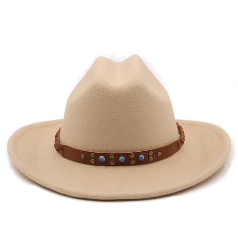 Cappello Fedora Cowboy Western Tesa Larga Feltro Di Lana Vintage Jazz Cap Con Cintura Decorativa Rivetti E Perle Turchesi Uomo Donna