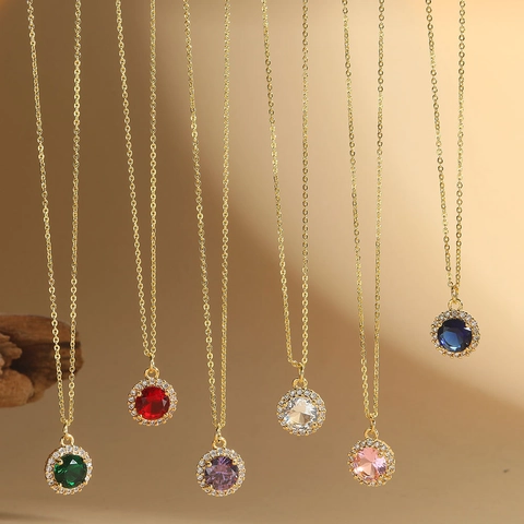 Round Zircon Halo Pendant Necklace Exquisite Copper Clavicle Chain Choker Elegant Jewelry For Women