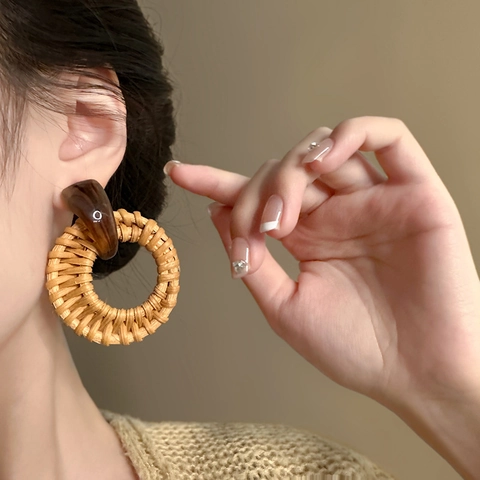 Boucles Oreilles Pendantes Bohèmes En Rotin Tressé Rond Géométrique Résine Avec Tige En Argent 925 Sterling Rétro Femmes