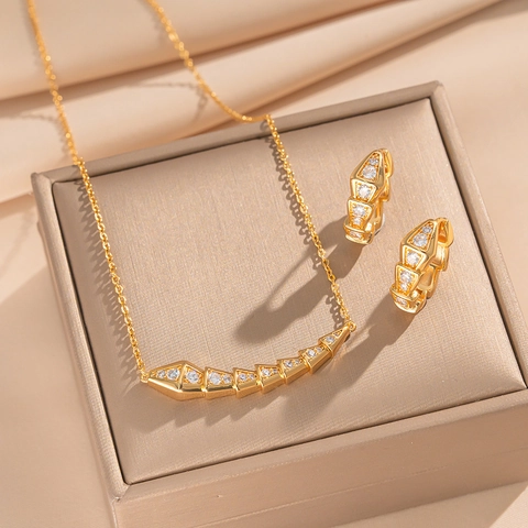 Collana E Orecchini Design Serpente In Acciaio Inossidabile Con Zirconi Accessori Moda Eleganti Da Donna