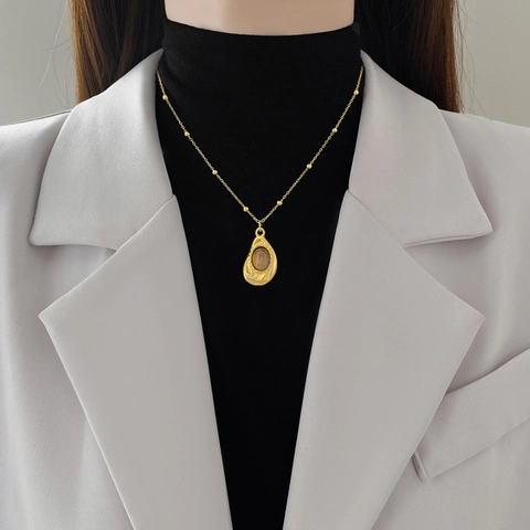 Halskette Mit Unregelmäßigem Tropfenanhänger Edelstahl Brauner Edelstein Vergoldete Perlenkette Schlüsselbeinkette Für Damen Vintage Schmuck
