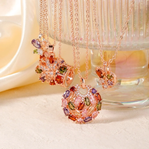 Exquisite Stainless Steel Multi-Color Zirconia Pendant Necklace Rose Gold Plated Flower Heart Butterfly Necklace For Women