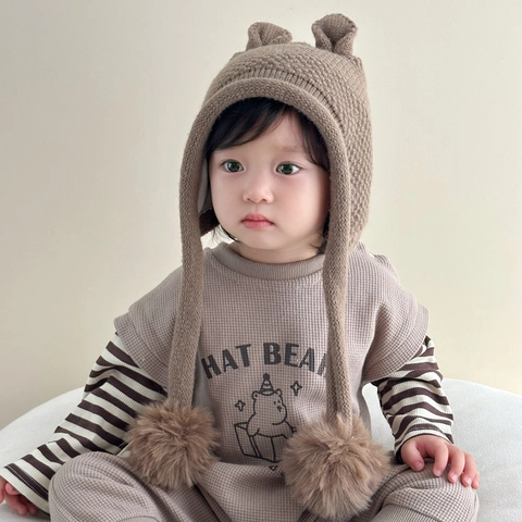 Baby Strickmütze Mit Ohrenklappen Warm Winter Winddicht Tierohren Bommel Häkelmütze Für Kleinkinder