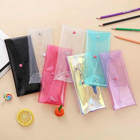 Laser Holographic PVC Pencil Case Glitter Transparent Stationery Bag Snap Button Waterproof Foldable Organizer For School
