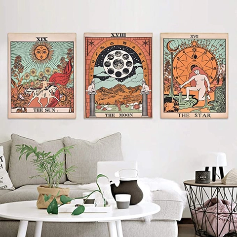 Arazzi Da Parete Tarot Boho Vintage Sole Luna Stella Poliestere Cotone Tessuto Appeso Con Nappine Decorazione