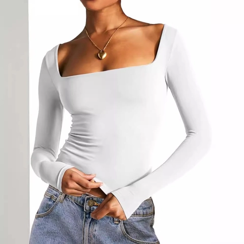 Damen Einfarbiges T-Shirt Mit Quadratischem Ausschnitt Und Langen Ärmeln Slim Fit Crop Top Polyester Spandex Pullover