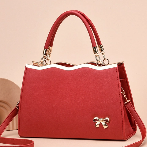 Fashion Bow PU Leather Handbag Elegant Wave Edge Shoulder Crossbody Bag Large Capacity For Women
