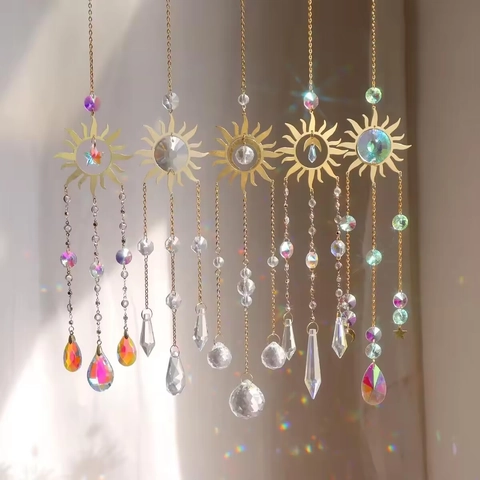 Sun Moon Star Crystal Suncatcher Wind Chime Hanging Pendant Golden Alloy Rainbow Maker Prism Window Decor Bohemian