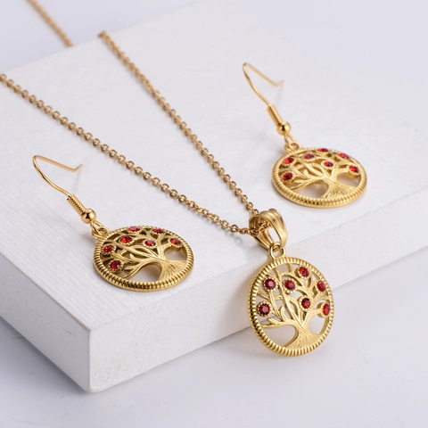 Tree Of Life Necklace And Earrings 18K Gold Plated Stainless Steel Red Rhinestone Hollow Round Jewelry For Women